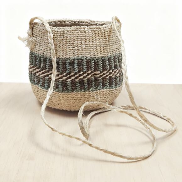 Vintage Hand Woven Milulu Grass Beige Green Blue Basket Kitchen Storage Planter - Picture 4 of 7